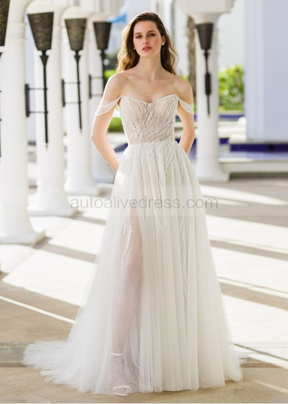 Ivory Beaded Lace Glitter Tulle Wedding Dress With Detachable Straps